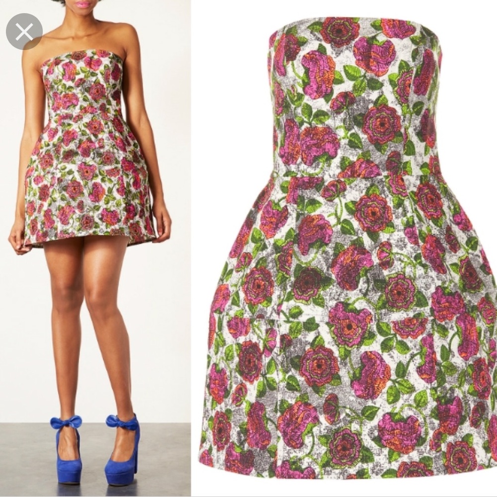 Topshop Floral Strapless Mini Dress - Pink and Green